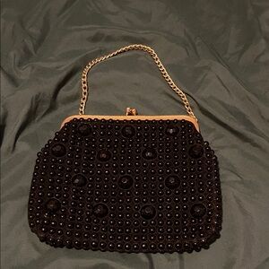 Chic Black Beaded Clutch with Gold Chain